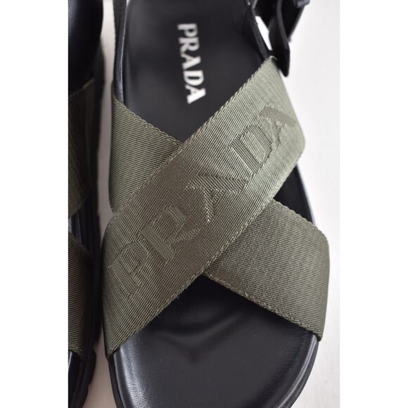 Prada Montana Nastro Criss Cross Strap Buckle Green Black Logo Flat Sandal 35.5 - Picture 8 of 16